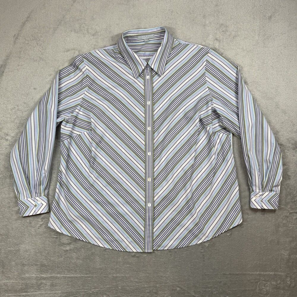 Foxcroft Wrinkle Free Shaped Fit Shirt Women 18 Purple StripedCotton Long Sleeve
